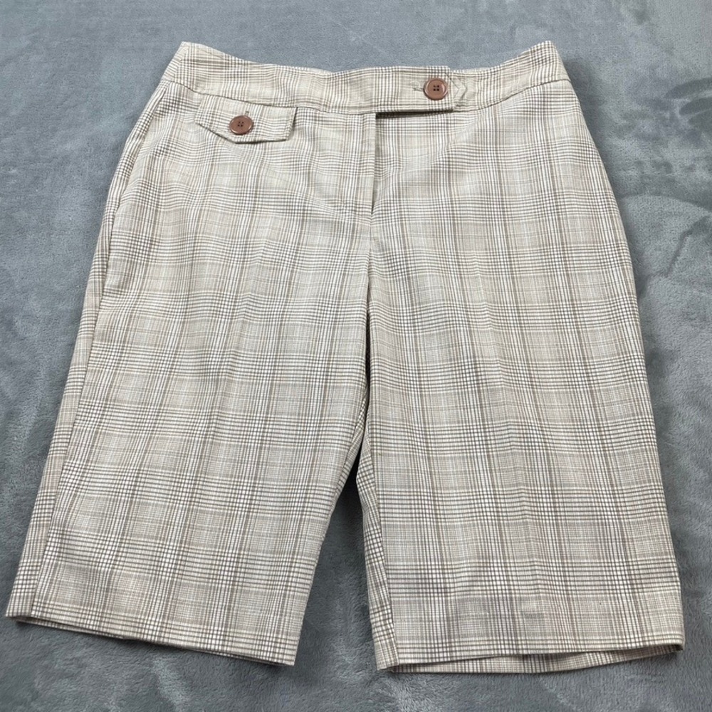 Dressbarn Tan Plaid Bermuda Shorts Womens 12 Glen Check Knee Length Career Golf
